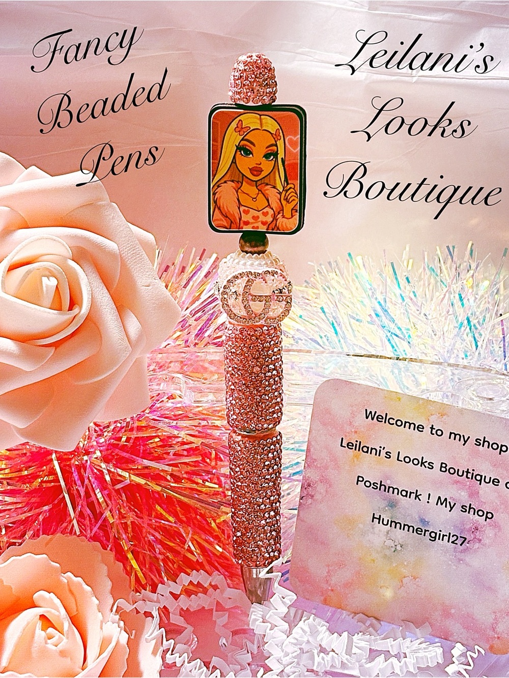 Fancy beaded Pen/gifts/girly/pink beads/bratz doll/